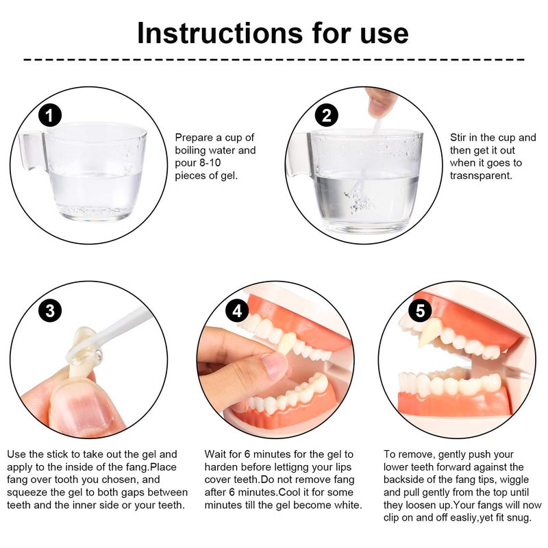 BBTO Set of 8 Vampire Teeth 4 Size Halloween Cosplay Fangs Fake Teeth with Tooth Pellets Adhesive Installation Tools and Instruction Halloween Party Cosplay Dentures Prop(White) - Image 2